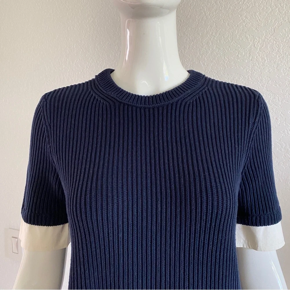 Tory Burch Navy Blue Ribbed Shirt layered Sweater